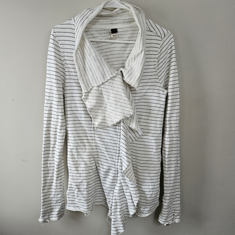 We The Free People Women's Medium Ivory Cardigan Sweater Striped Ruffle Jacket
